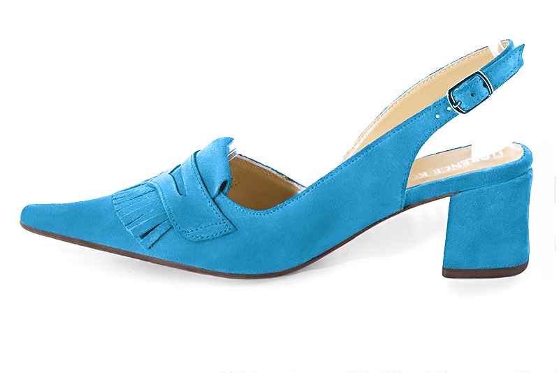 Turquoise blue women's slingback shoes. Pointed toe. Medium block heels. Profile view - Florence KOOIJMAN